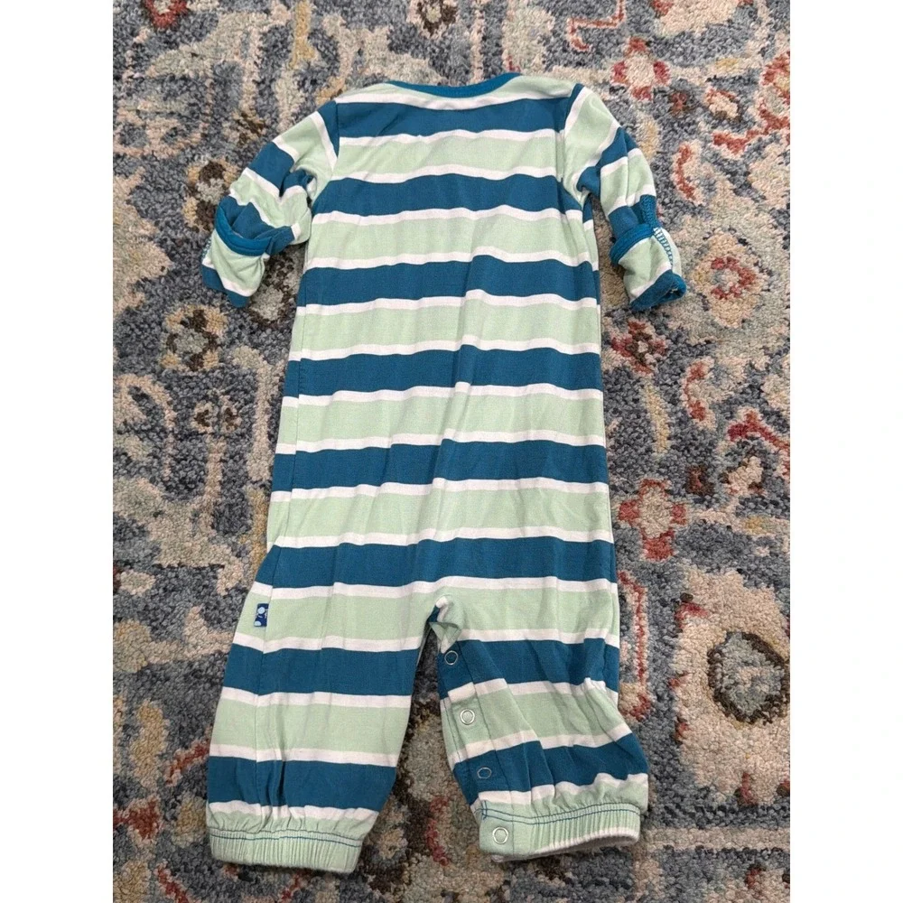 KicKee Pants Convertible Gown Romper Newborn Blue Green Striped EUC
